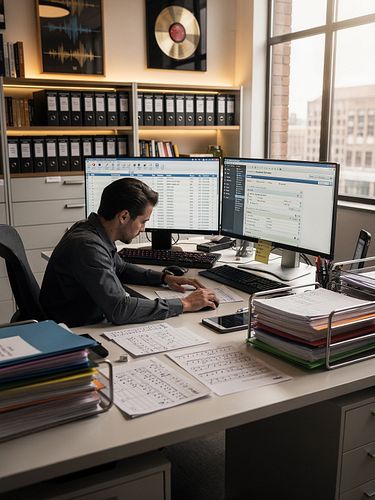 Administrativ arbetsplats med katalogunderlag och dubbla skärmar